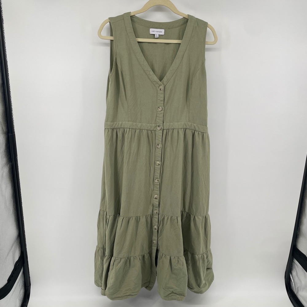 Lost + Wander Midi Dress Womens XL Green Button Front Tiered Sleeveless Linen